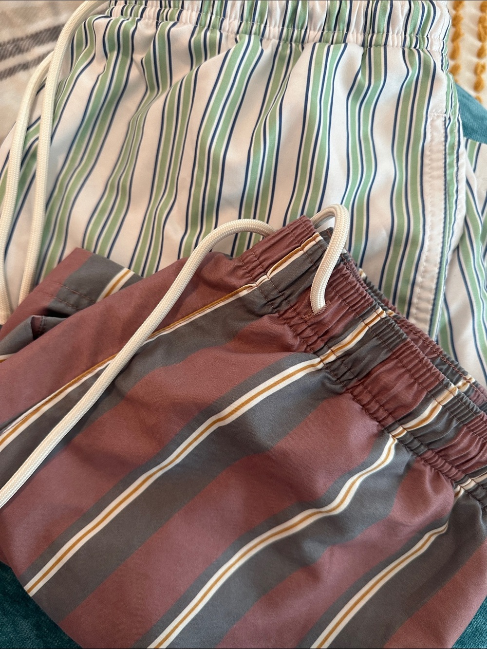 2 Pair of PacSun Men's Striped Swim Shorts - Green and Burgundy Stripe